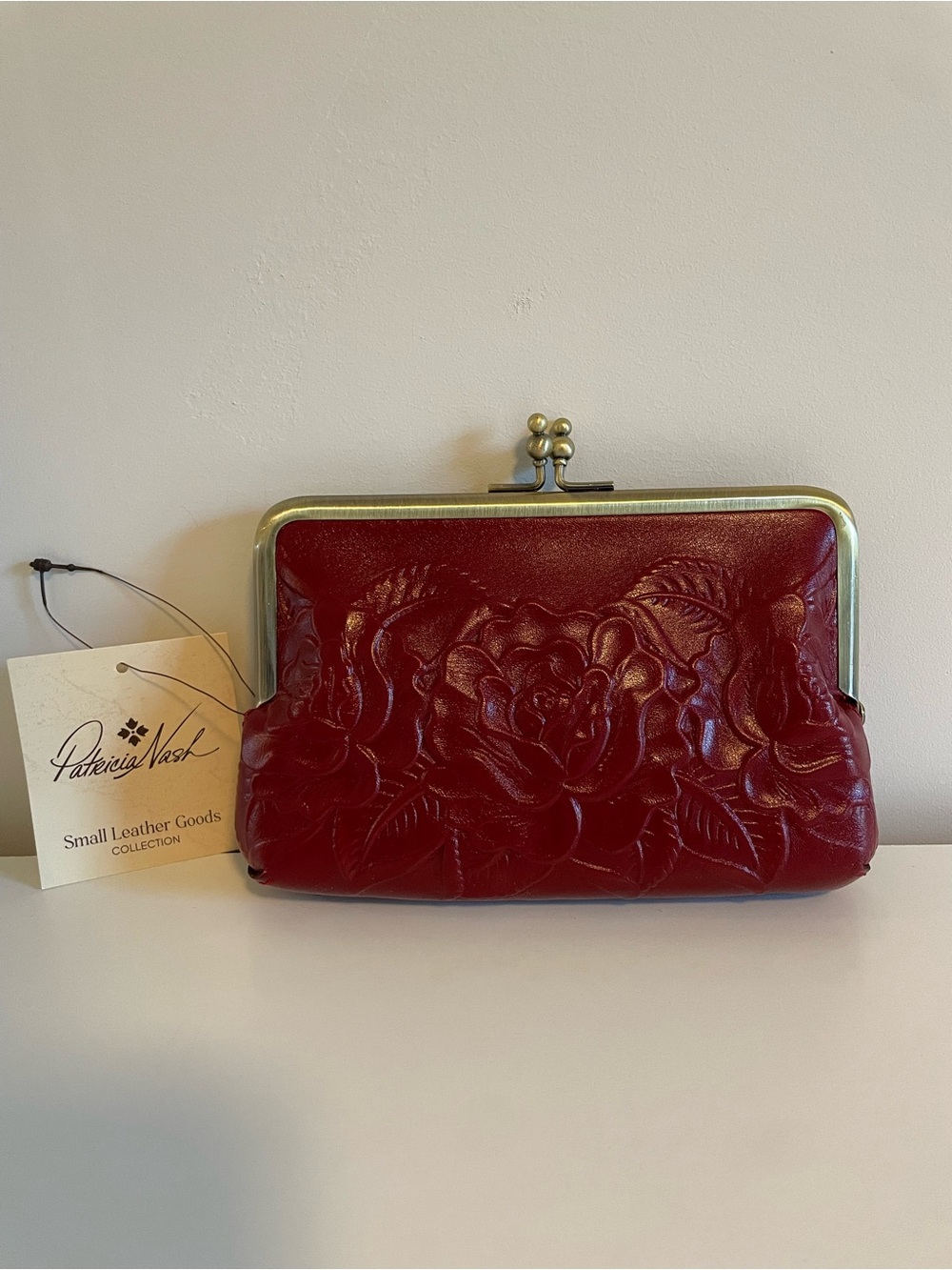 NWT Patricia Nash Burgundy Embossed Leather Kiss-Lock Clutch